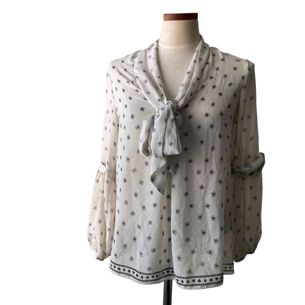 Max Studio Abstract Print Flowy Tie Neck Black & Beige Long Puff Sleeve Blouse